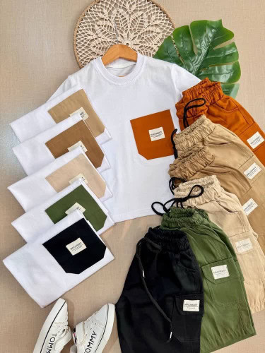 ست تیشرت جیبدار و شلوارک کتان جذاب اسپرت